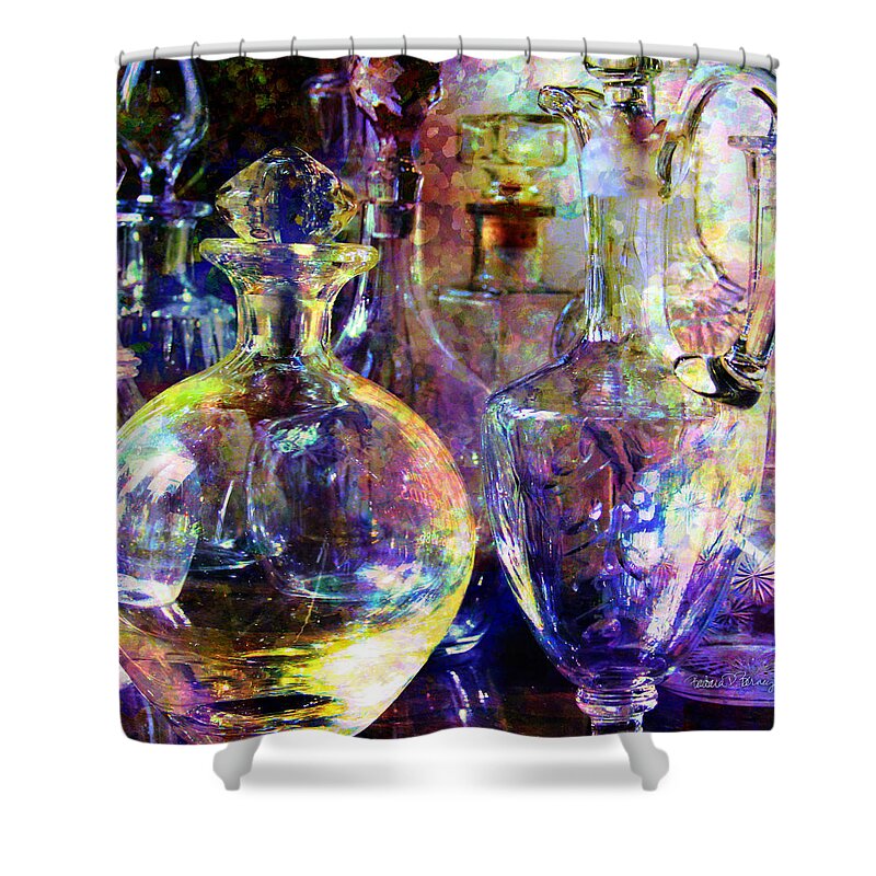 Glass Shower Curtain featuring the digital art Old Decanters by Barbara Berney