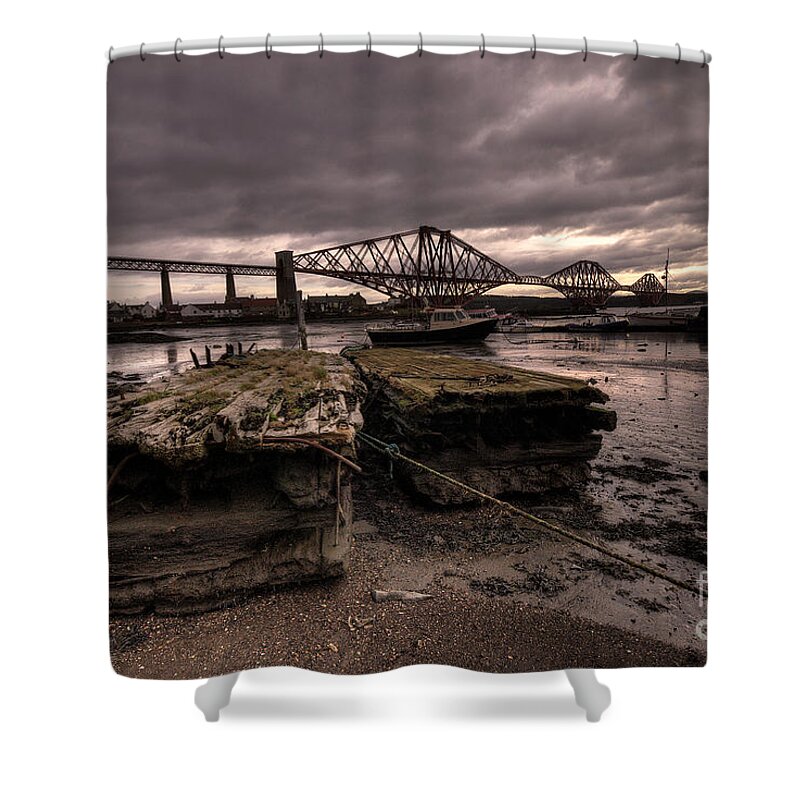 Forth Rail Bridge Shower Curtain featuring the photograph Old Jetty by the Bridge by Rob Hawkins