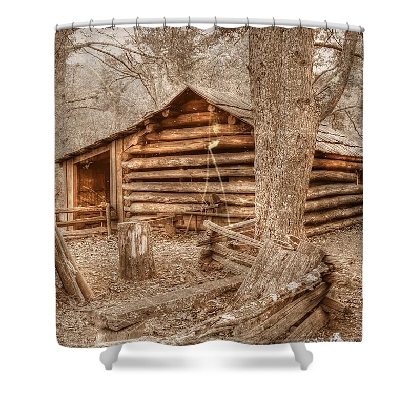 Sepia Shower Curtain featuring the photograph Old Mill Work Cabin by Dan Stone