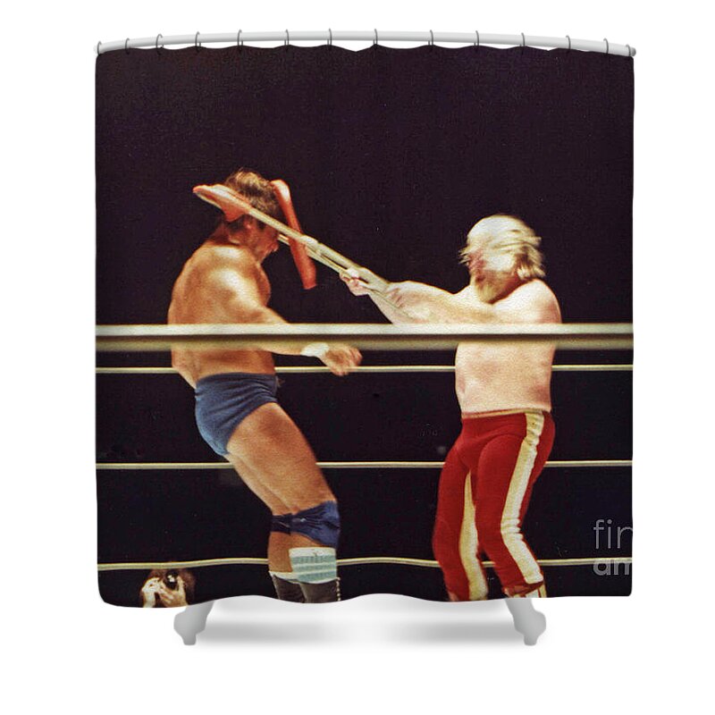 Old School Wrestling Shower Curtain featuring the photograph Old School Wrestling Chair Shot to the Head on Don Muraco by Moondog Mayne by Jim Fitzpatrick