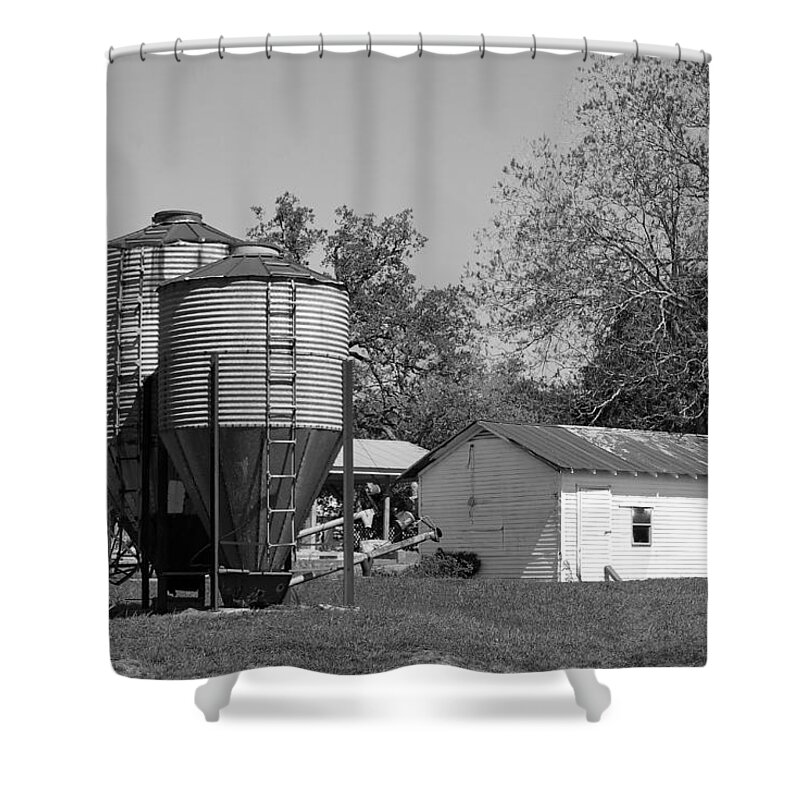 Grain Hoppers Shower Curtain featuring the photograph Old Texas Farm in Black-and-White by Connie Fox