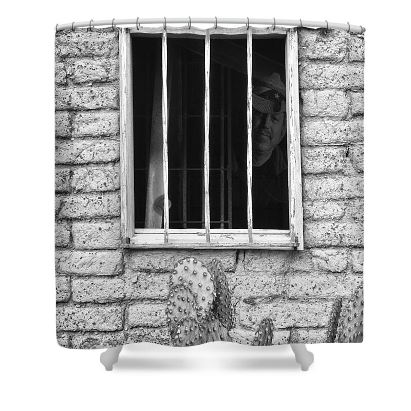'old Jailhouse' Shower Curtain featuring the photograph Old Western Jailhouse Window in Black and White by James BO Insogna
