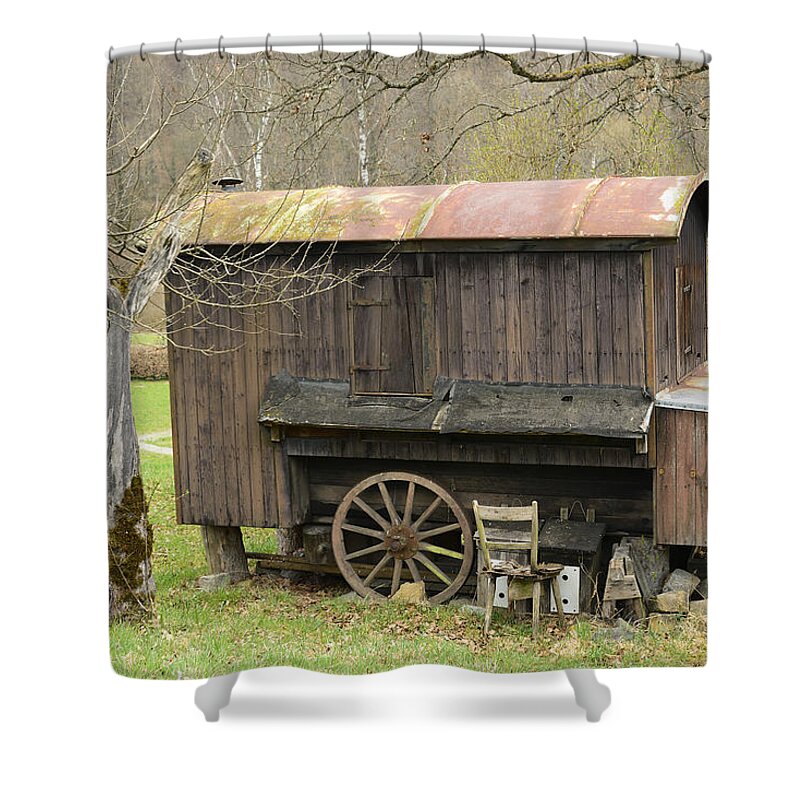 Trailer Shower Curtain featuring the photograph Old wooden construction trailer by Matthias Hauser