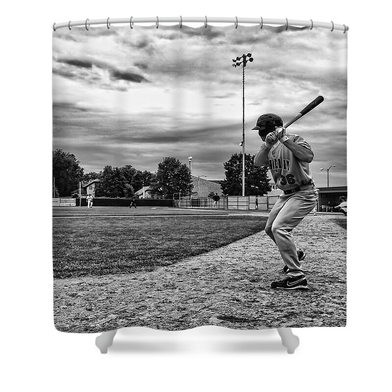 Baseball Local Ballpark Black White Pitcher Batter On Deck Next Clouds Rochester Minnesota Shower Curtain featuring the photograph On Deck by Tom Gort