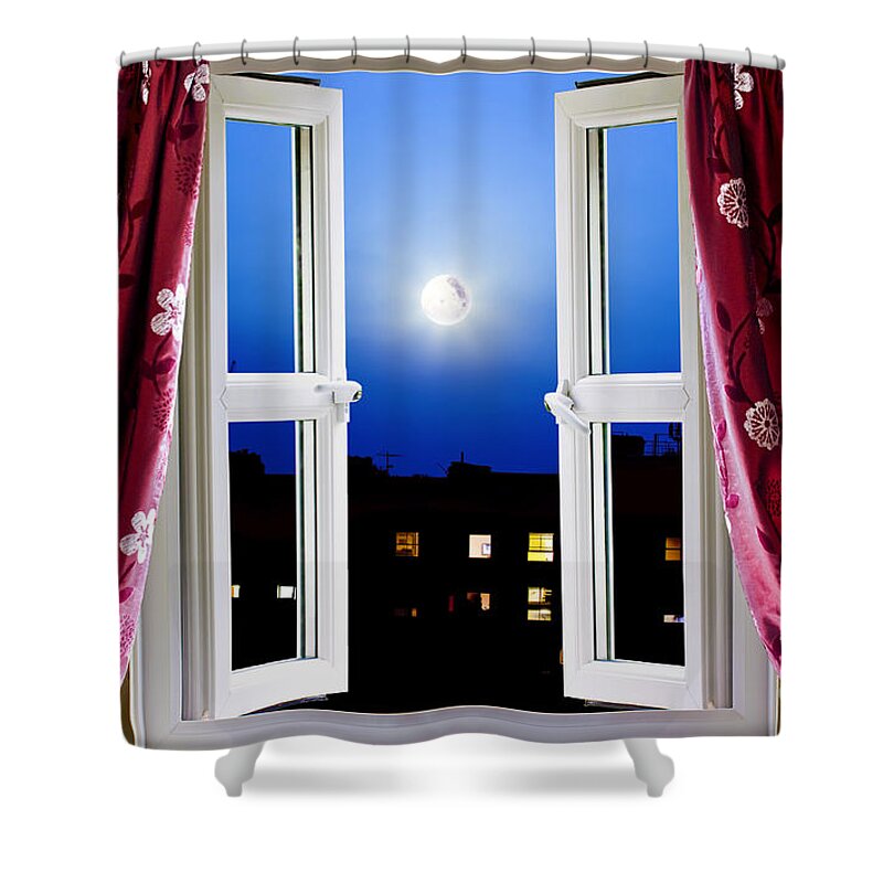 Night Shower Curtain featuring the photograph Open window at night by Simon Bratt