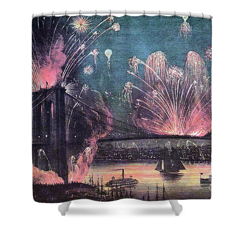 Currier & Ives Shower Curtain featuring the photograph Opening Of Brooklyn Bridge Celebration by Photo Researchers