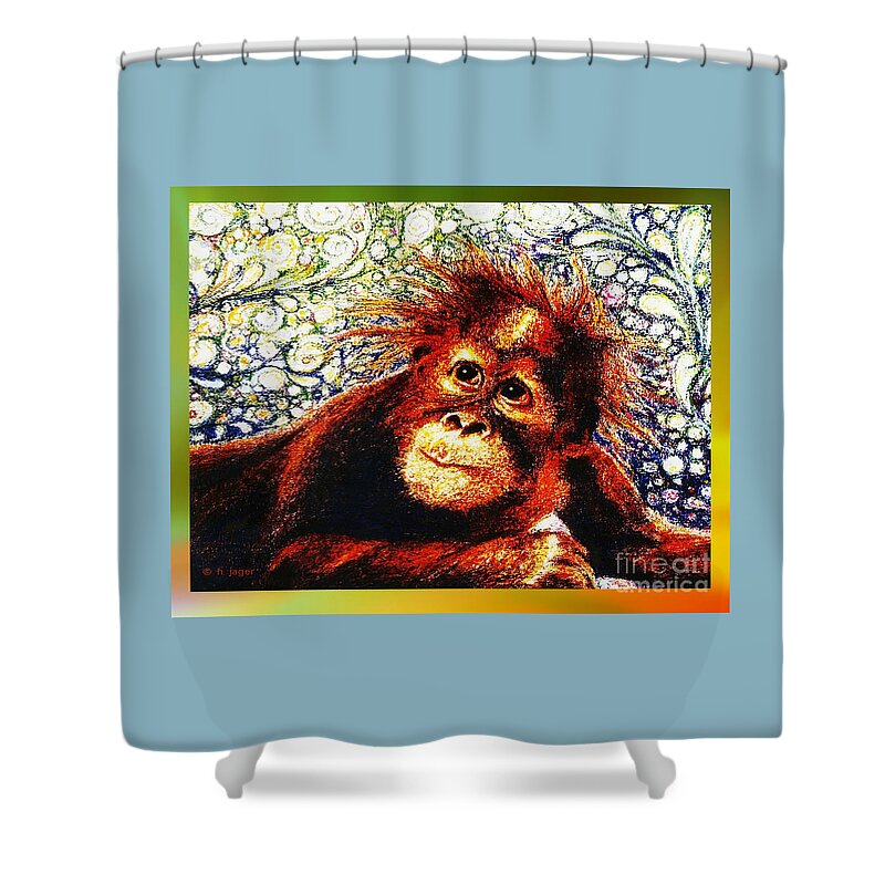 Orangutan Baby Shower Curtain featuring the drawing Orangutan Baby by Hartmut Jager