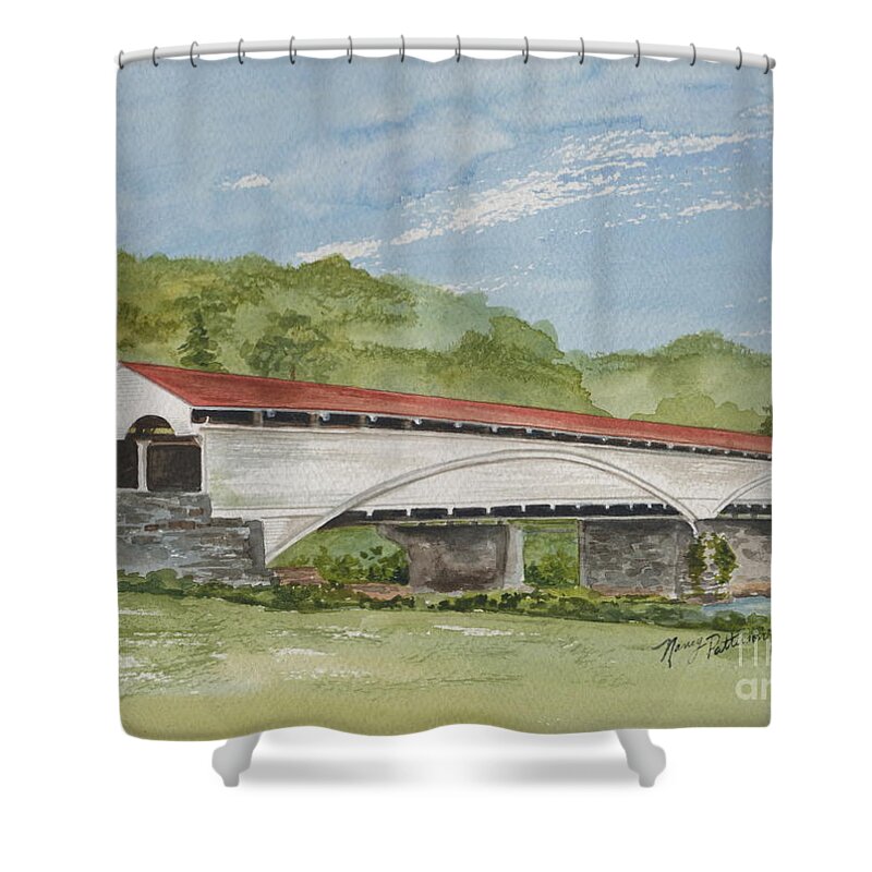 Philippi Covered Bridge Shower Curtain featuring the painting Philippi Covered Bridge by Nancy Patterson