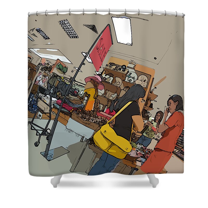 Philippines Shower Curtain featuring the painting Philippines 4385 Department Store Sales Lady by Rolf Bertram