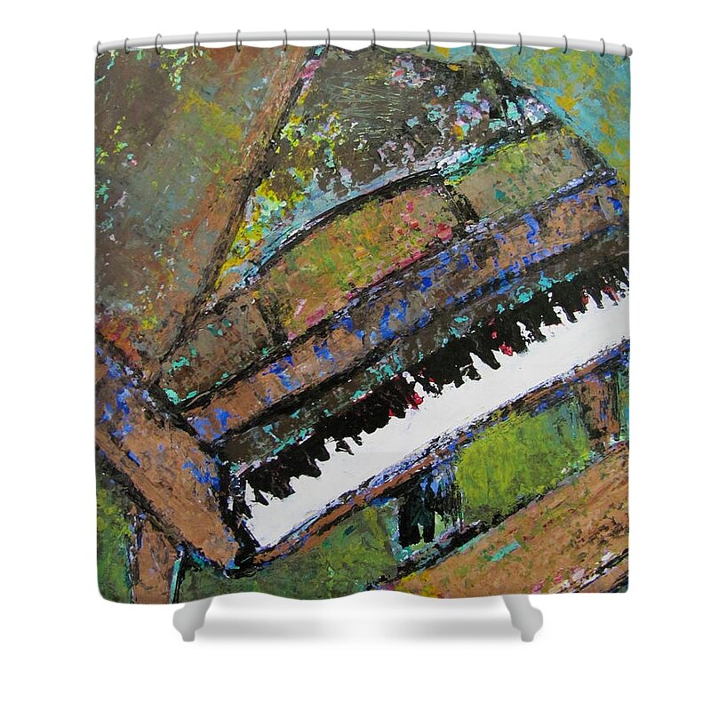 Music Shower Curtain featuring the painting Piano Aqua Wall - cropped by Anita Burgermeister