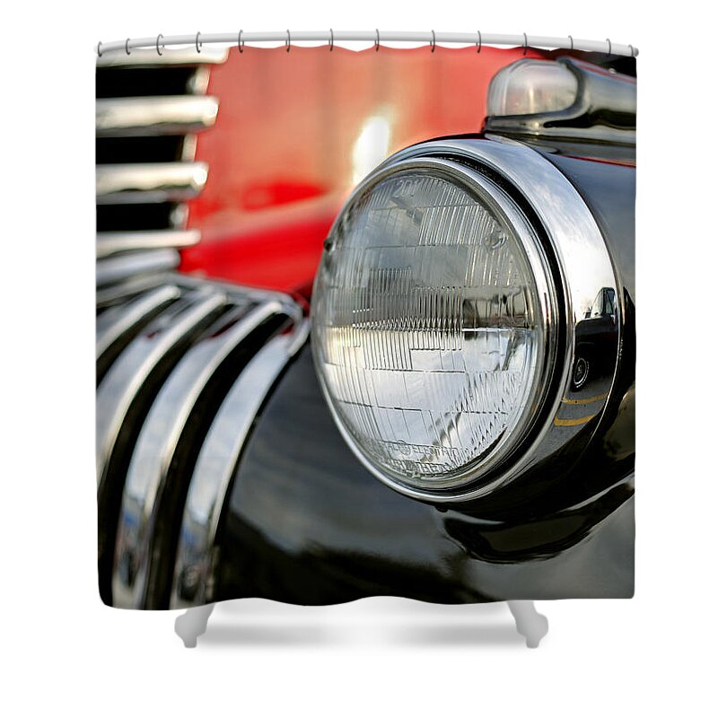Red Black Chevrolet Pickup Shower Curtain featuring the photograph Pickup Chevrolet headlight. Miami by Juan Carlos Ferro Duque