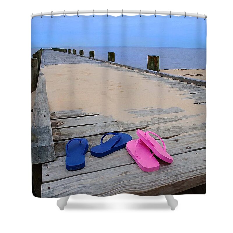 Alabama Photographer Shower Curtain featuring the digital art Pink and Blue Flip Flops on the dock by Michael Thomas