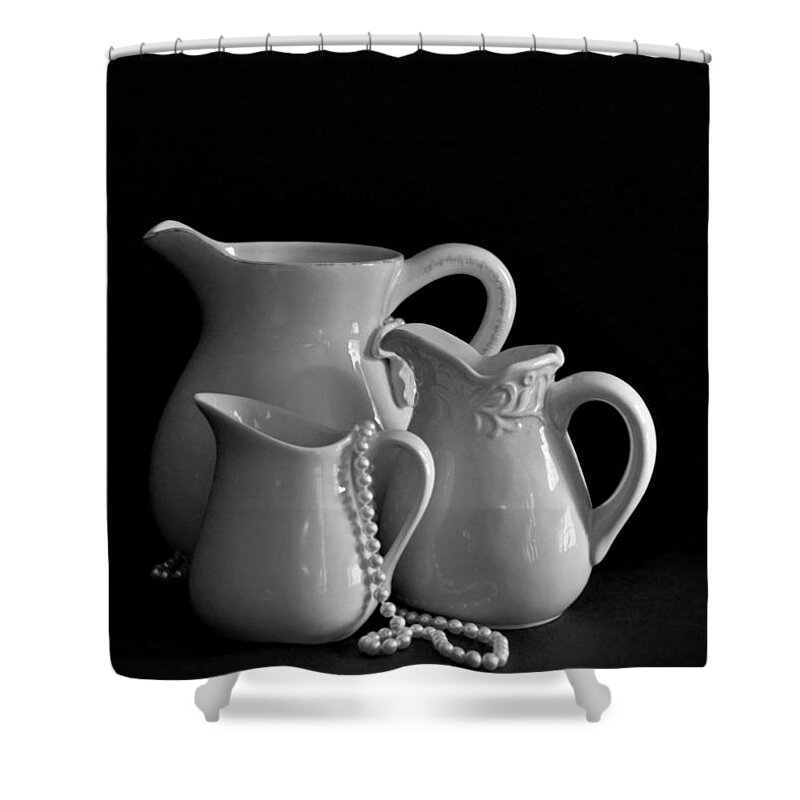 Still Life Shower Curtain featuring the photograph Pitchers by the Window in Black and White by Sherry Hallemeier