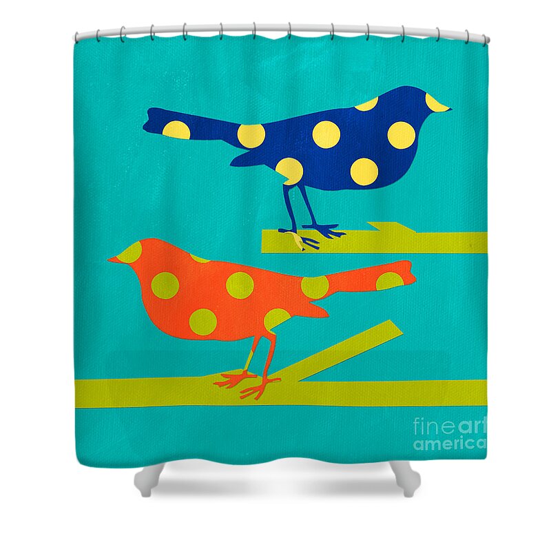 Bird Shower Curtain featuring the mixed media Polka Dot Birds by Linda Woods