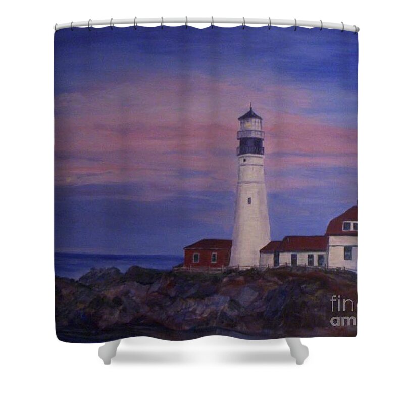 Lighthouse Shower Curtain featuring the painting Portland Head Lighthouse at Dawn by Julie Brugh Riffey