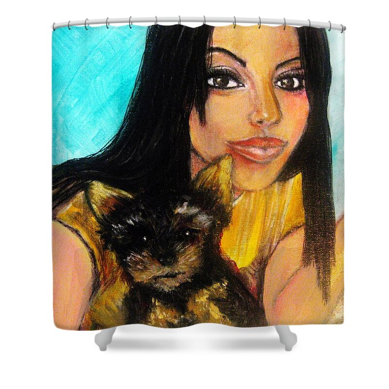 Portrait Of A Young Woman And Her Puppy Shower Curtain featuring the pastel Portrait of a young woman and her puppy 2 by Amanda Dinan
