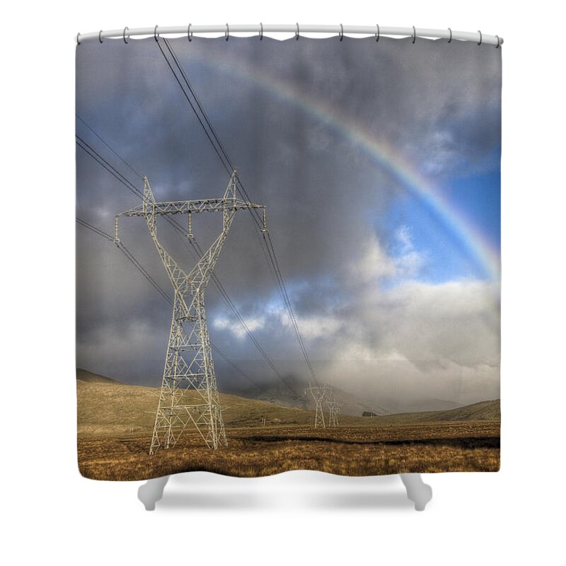 00441043 Shower Curtain featuring the photograph Powerlines, Rainbow Forms As Evening by Colin Monteath