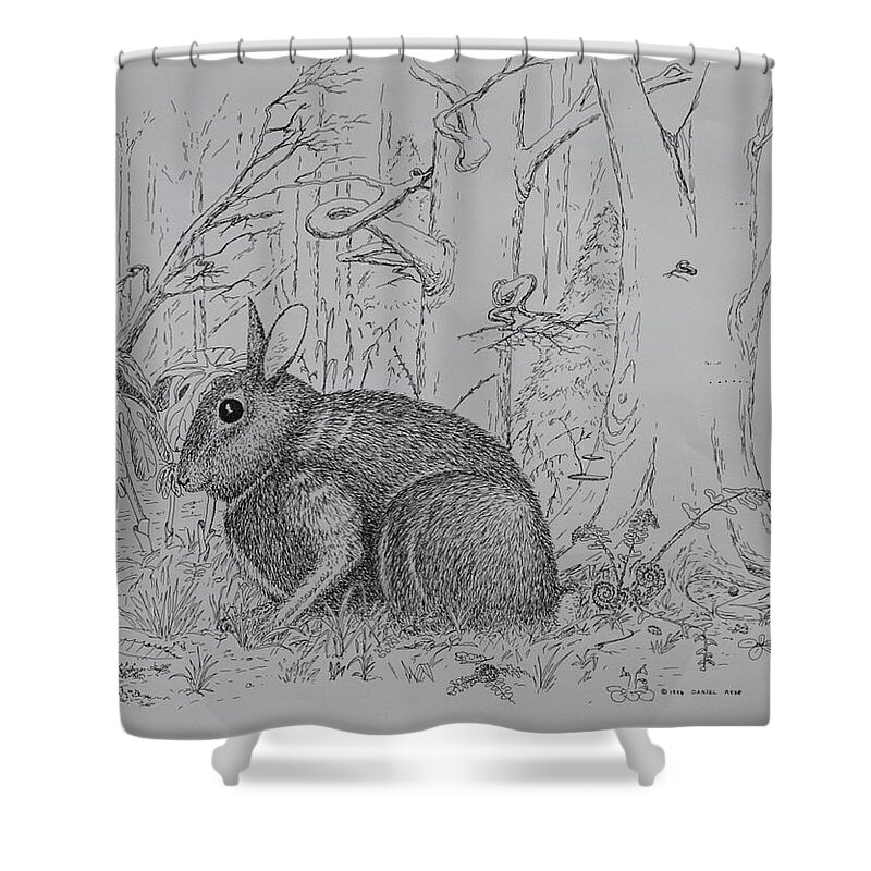 Nature Shower Curtain featuring the drawing Rabbit In Woodland by Daniel Reed