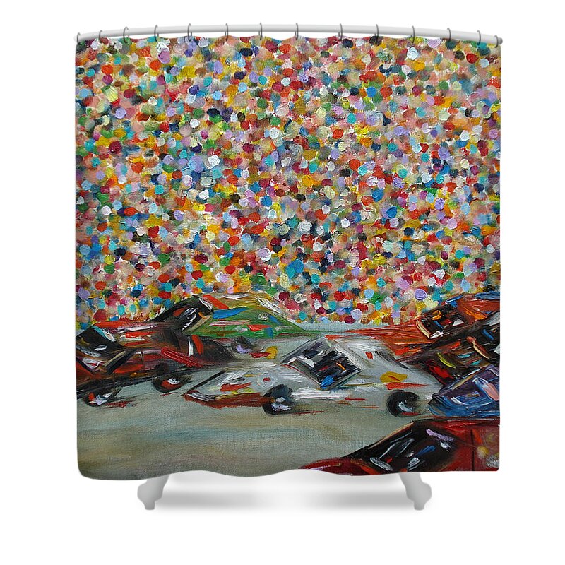 Race Shower Curtain featuring the painting Race Day by Judith Rhue