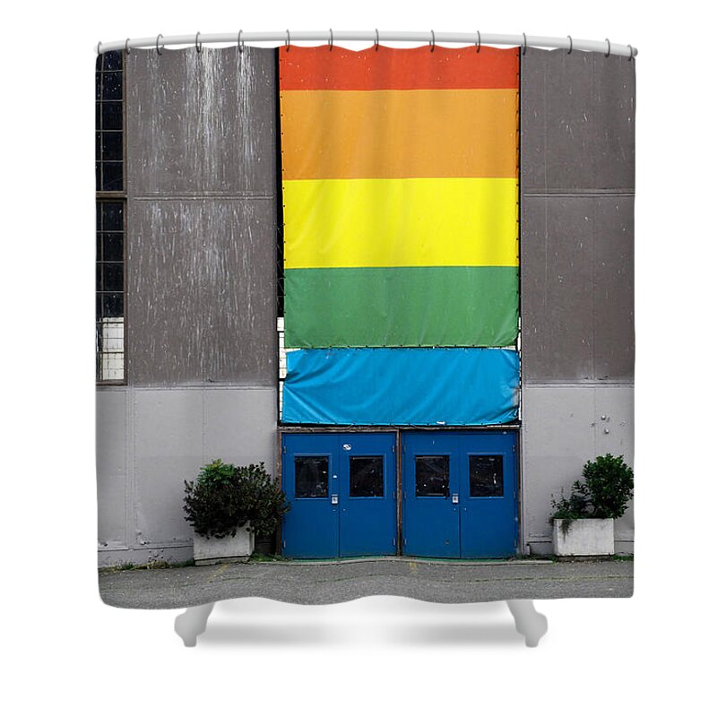 Industrial Shower Curtain featuring the photograph Rainbow Banner Building by Kathleen Grace