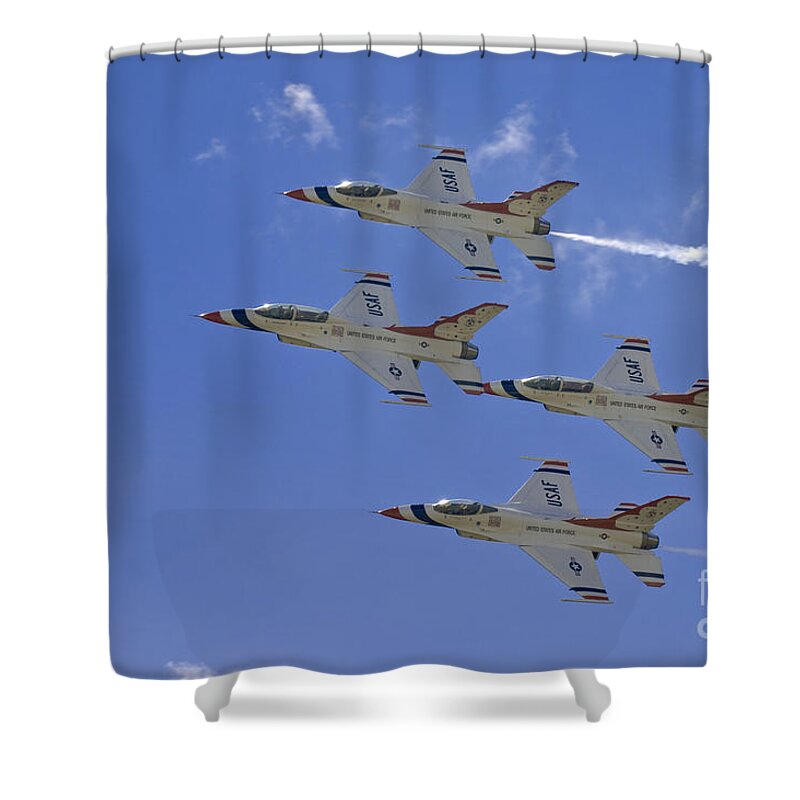 Usaf Shower Curtain featuring the photograph Rare USAF Thunderbirds Diamond Pass by Tim Mulina