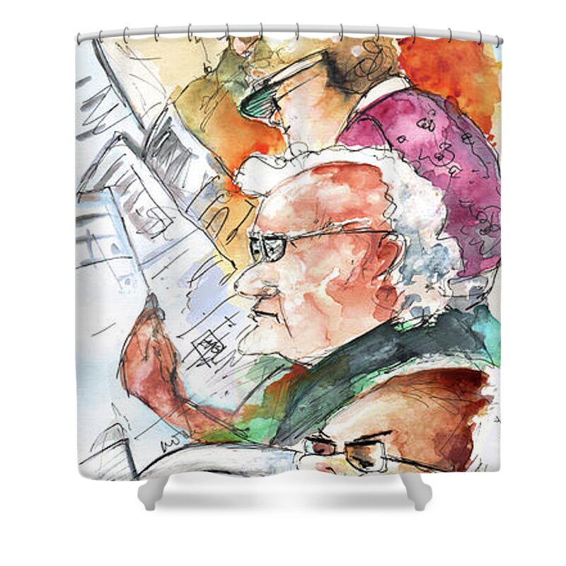 Caricatures Shower Curtain featuring the painting Reading The News 07 by Miki De Goodaboom
