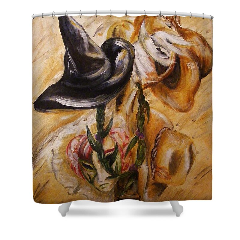Humor Shower Curtain featuring the painting Real Women Wear Many Hats by Karen Ferrand Carroll