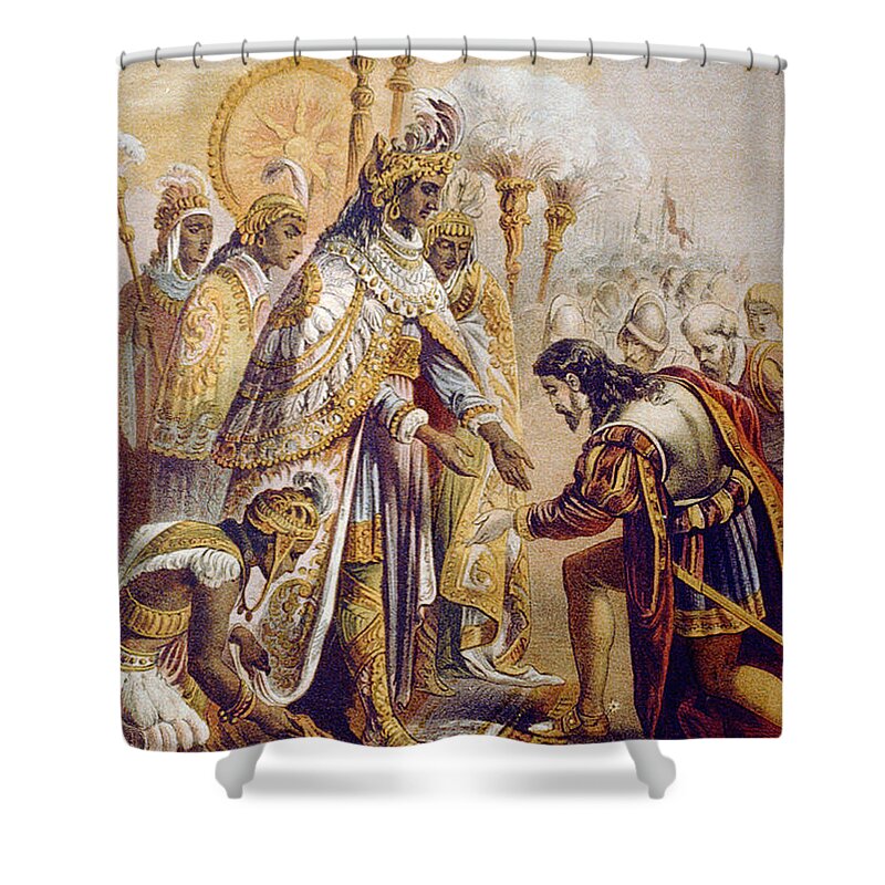 History Shower Curtain featuring the photograph Reception Of Cortez By Montezuma, 1519 by Photo Researchers