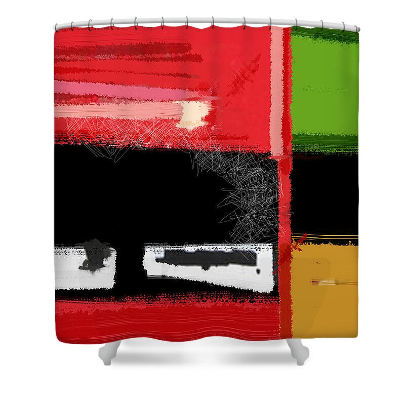 Abstract Shower Curtain featuring the painting Red and Green Square by Naxart Studio