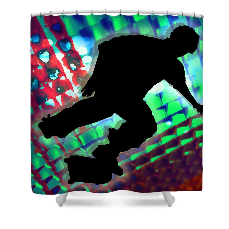 Skateboard Skate+boarding Sports Athletic Stunts Shower Curtain featuring the painting Red Green and Blue Abstract Boxes Skateboarder by Elaine Plesser