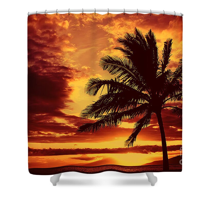 Palm Tree Shower Curtain featuring the photograph Red Hawaiian Sunset by Teresa Zieba