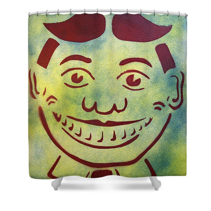 Tillie Of Asbury Park Shower Curtain featuring the painting Red on yellow and blue Tillie by Patricia Arroyo