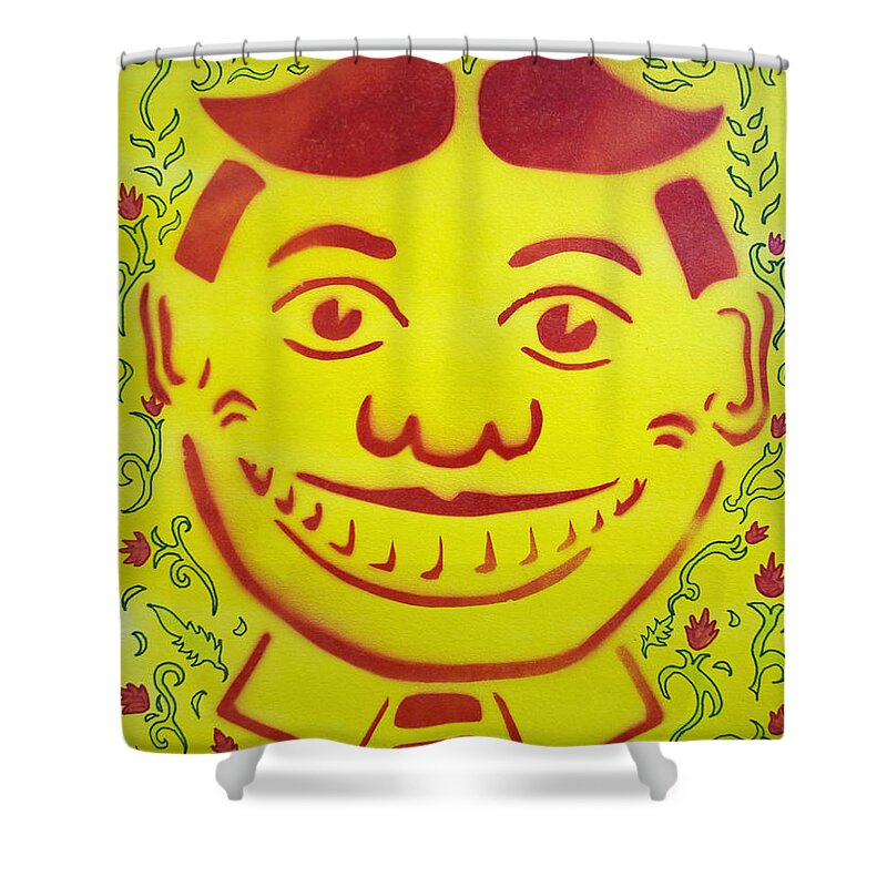 Tillie Of Asbury Park Shower Curtain featuring the painting Red on yellow with decoration Tillie by Patricia Arroyo