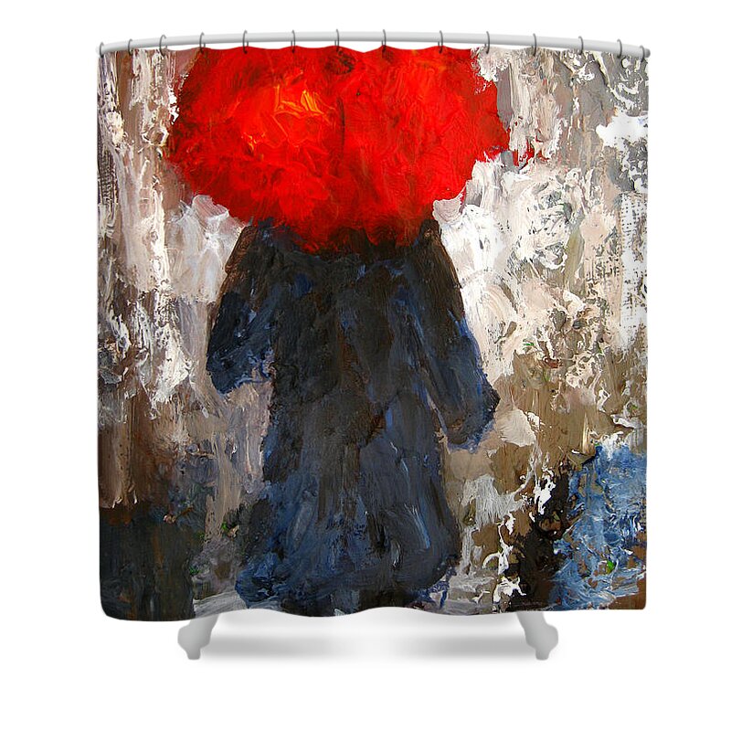 Umbrella Shower Curtain featuring the painting Red umbrella under the rain by Patricia Awapara
