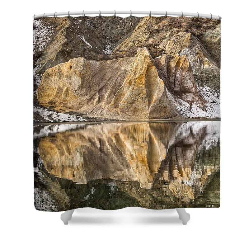 00445354 Shower Curtain featuring the photograph Reflections Of Clay Cliffs In Blue Lake by Colin Monteath