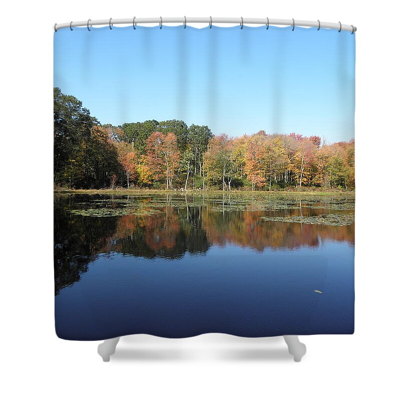 Reflections Shower Curtain featuring the photograph reflections of fall foliage in CT by Kim Galluzzo