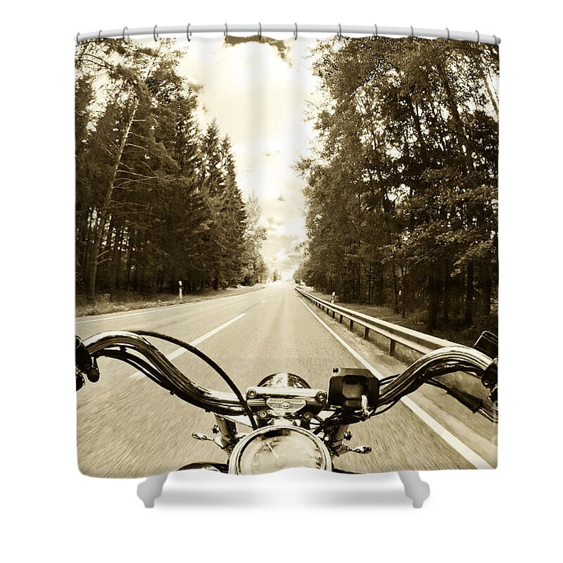 Harley Shower Curtain featuring the photograph Riders eye Veiw in sepia by Micah May