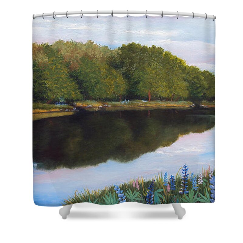 Maine Shower Curtain featuring the painting River Lupine Flowers by Laura Tasheiko
