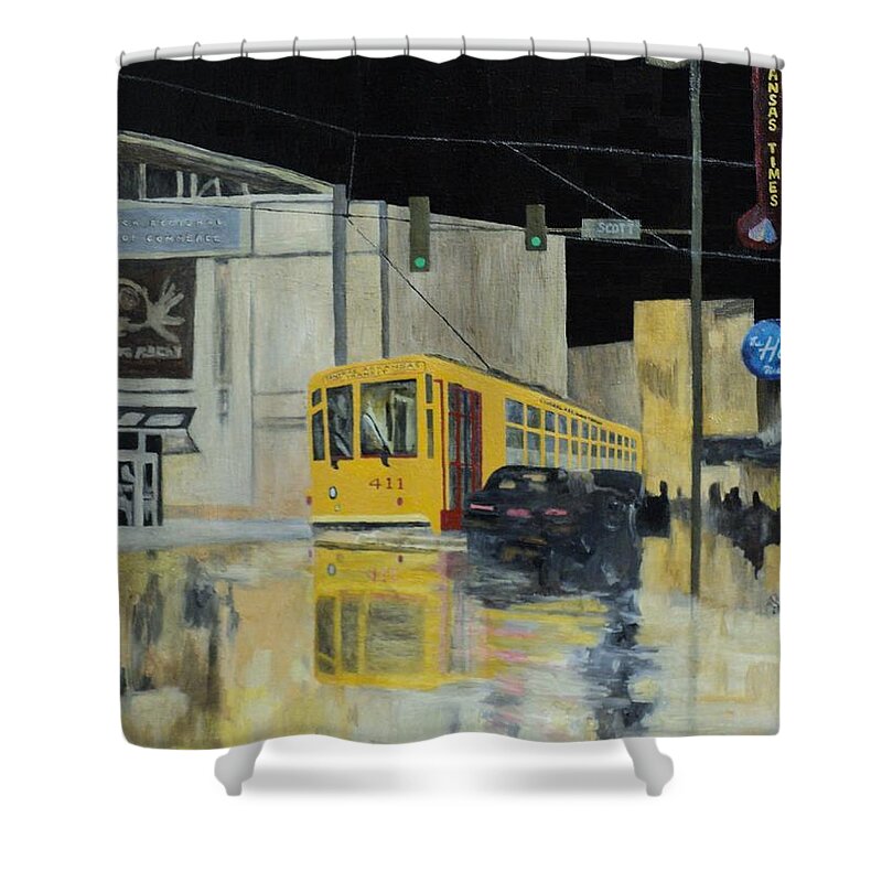 Little Rock Streetcar Shower Curtain featuring the painting RiverMarket Streetcar 411 by Angelo Thomas