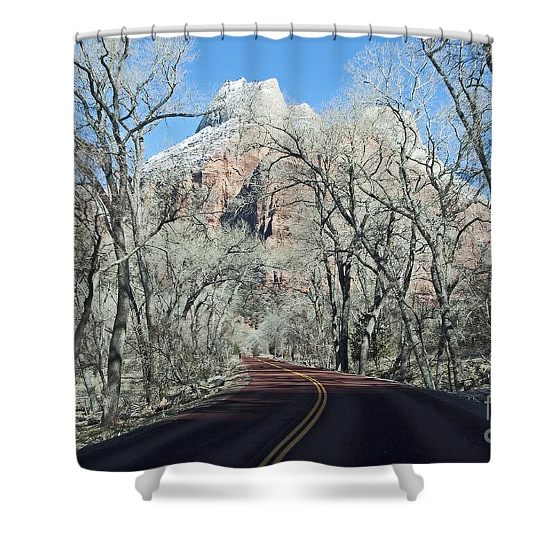 Zion National Park Shower Curtain featuring the photograph Road through Zion Canyon by Bob and Nancy Kendrick