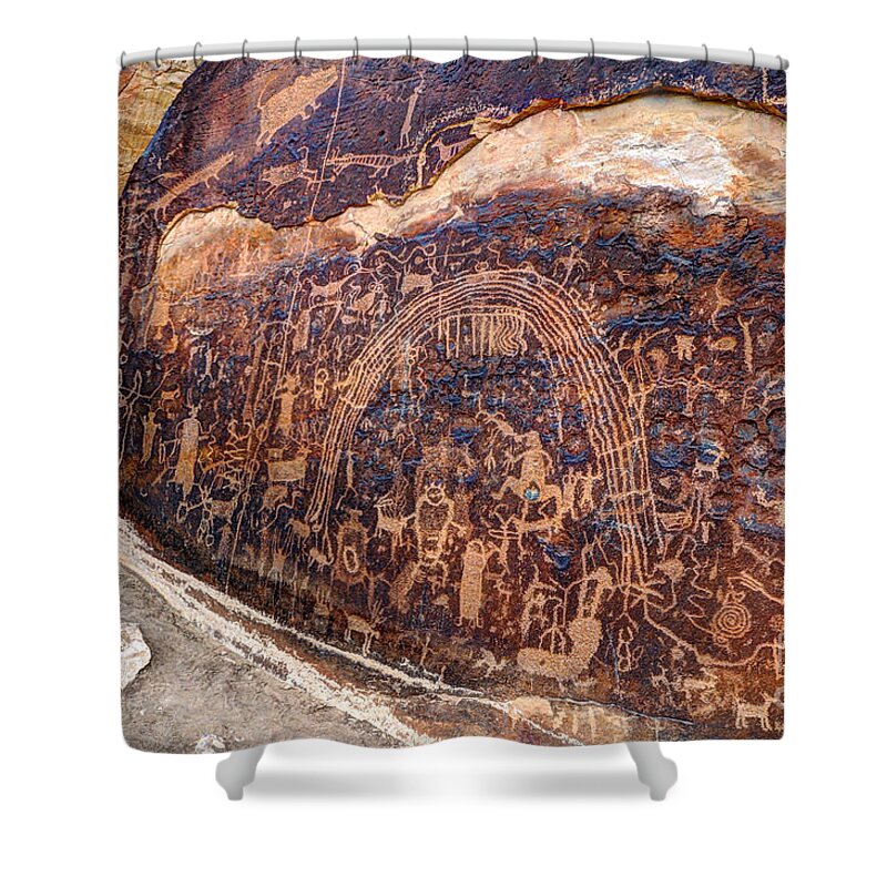 Petroglyph Shower Curtain featuring the photograph Rochester Petroglyph Rock Art Panel - Utah by Gary Whitton