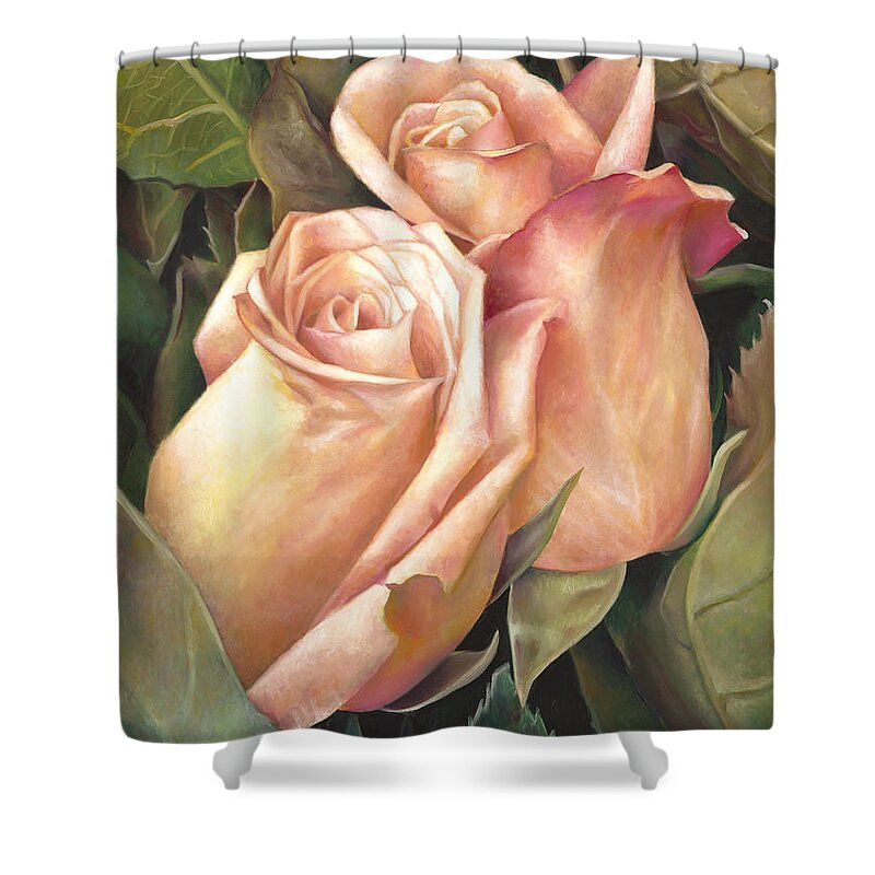  Shower Curtain featuring the painting Rosey Embrace by Nancy Tilles