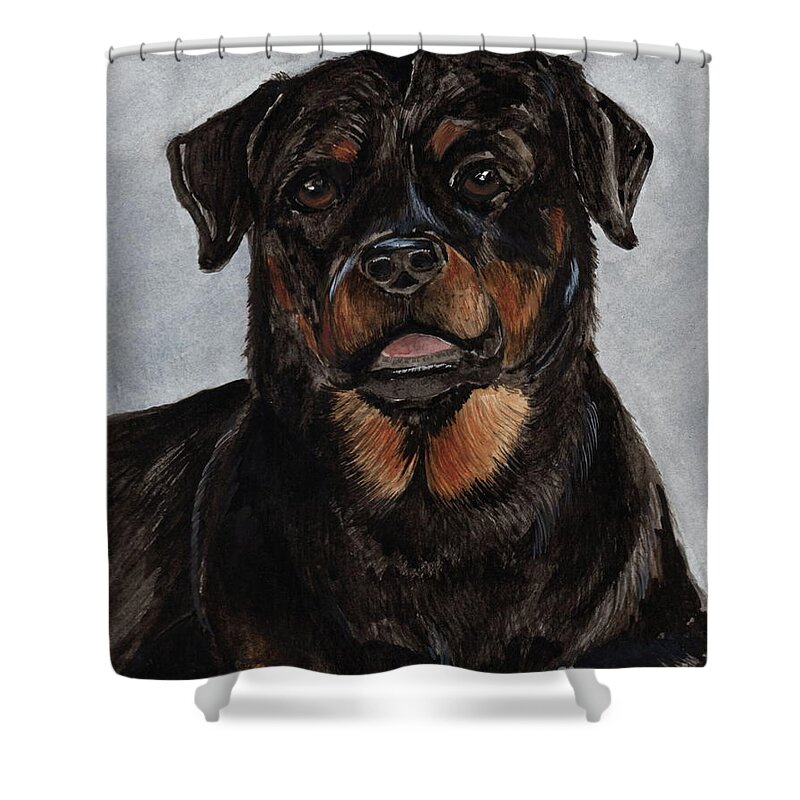 Rottweiler Dog Shower Curtain featuring the painting Rottweiler by Nancy Patterson