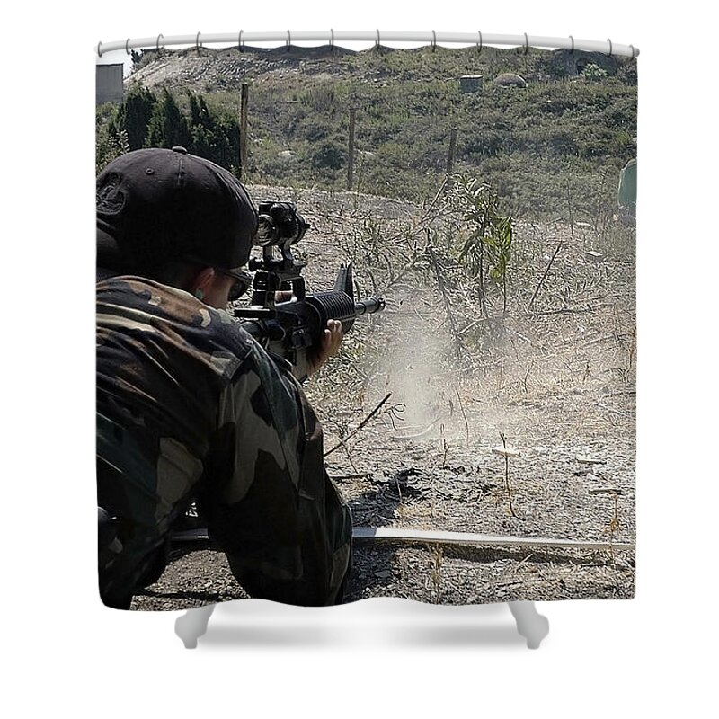 Horizontal Shower Curtain featuring the photograph .s. Navy Quartermaster Fires His 5.56mm by Stocktrek Images