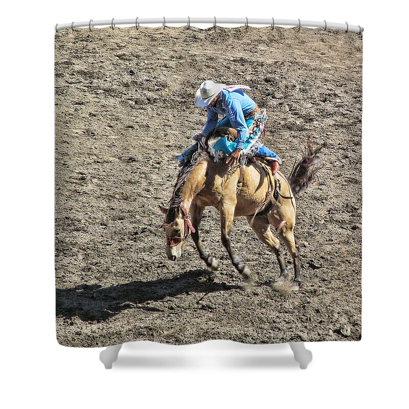 Rodeo Shower Curtain featuring the photograph Saddle Back Bronc Riding by Ron Roberts