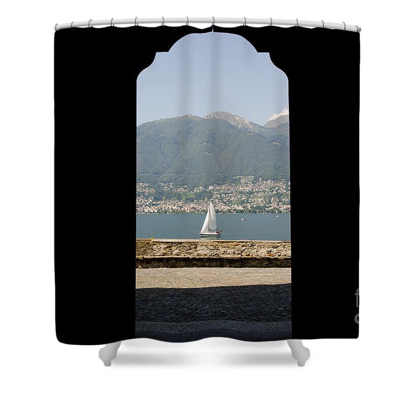 Sailing Boat Shower Curtain featuring the photograph Sailing boat through an open door by Mats Silvan