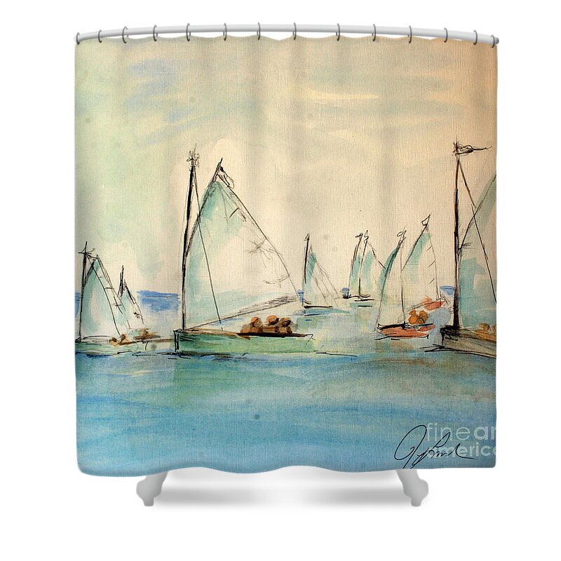 Paintings Shower Curtain featuring the painting Sailors in a runabout by Julie Lueders 
