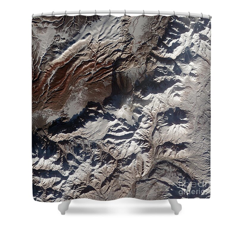 Mountainous Shower Curtain featuring the photograph Satellite Image Of Russias Kizimen by Stocktrek Images
