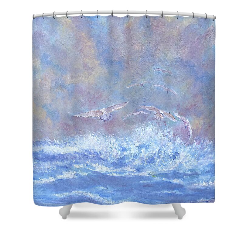 Seascape Shower Curtain featuring the painting Seagulls at Play by Ben Kiger