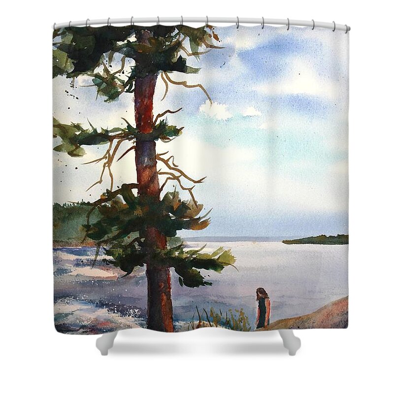 Lake Shower Curtain featuring the painting Searching for Arrowheads by Ruth Kamenev